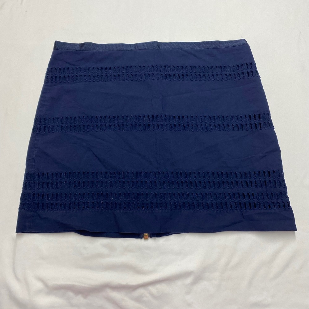 Gap Navy Blue Eyelet Embroidered Mini Skirt Gold Back Zip Cotton Size 2